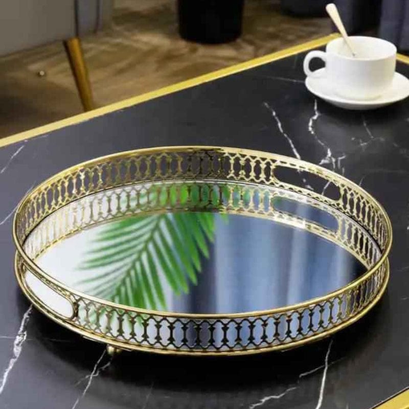 Vintage Guld Spejlvendt Serveringsbakke - Rund - Metal - Boligtilbehør Decorative Trays Danmarkmode.dk