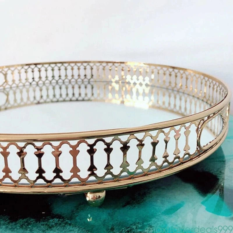 Vintage Guld Spejlvendt Serveringsbakke - Rund - Metal - Boligtilbehør Decorative Trays Danmarkmode.dk