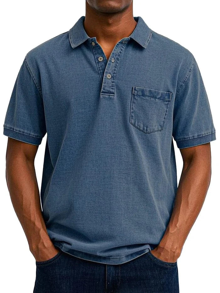 Vintage Kortærmet Polo Shirt Mænd - Bryst Lomme - Vasket - Bomuld Polos Danmarkmode.dk