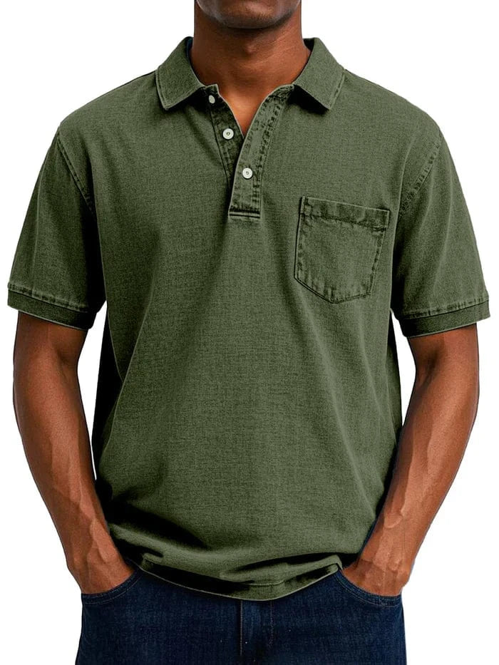 Vintage Kortærmet Polo Shirt Mænd - Bryst Lomme - Vasket - Bomuld Polos Danmarkmode.dk