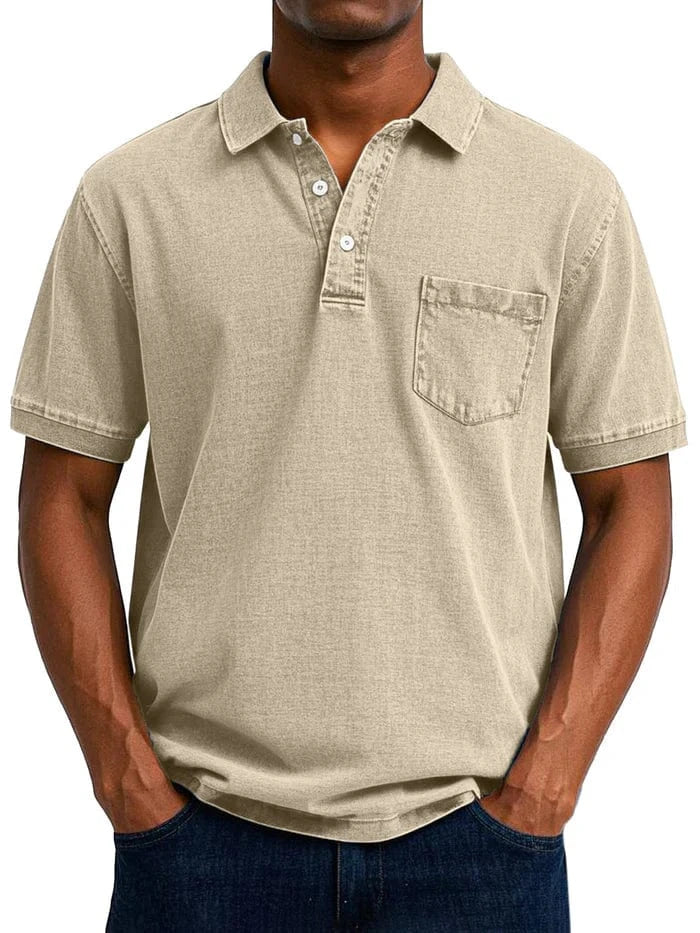 Vintage Kortærmet Polo Shirt Mænd - Bryst Lomme - Vasket - Bomuld Polos Danmarkmode.dk