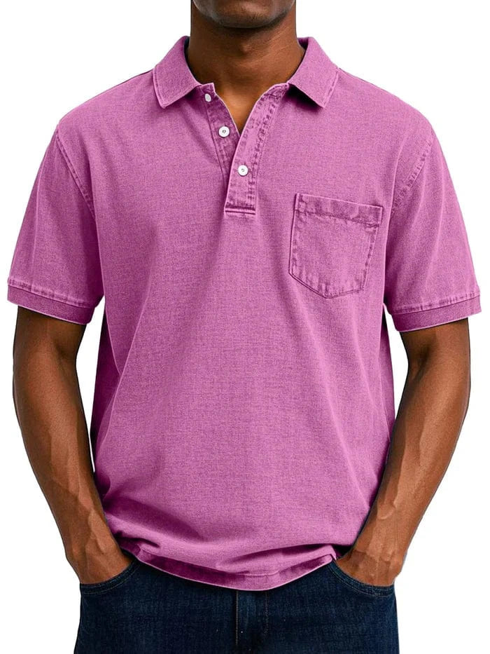 Vintage Kortærmet Polo Shirt Mænd - Bryst Lomme - Vasket - Bomuld Polos Danmarkmode.dk
