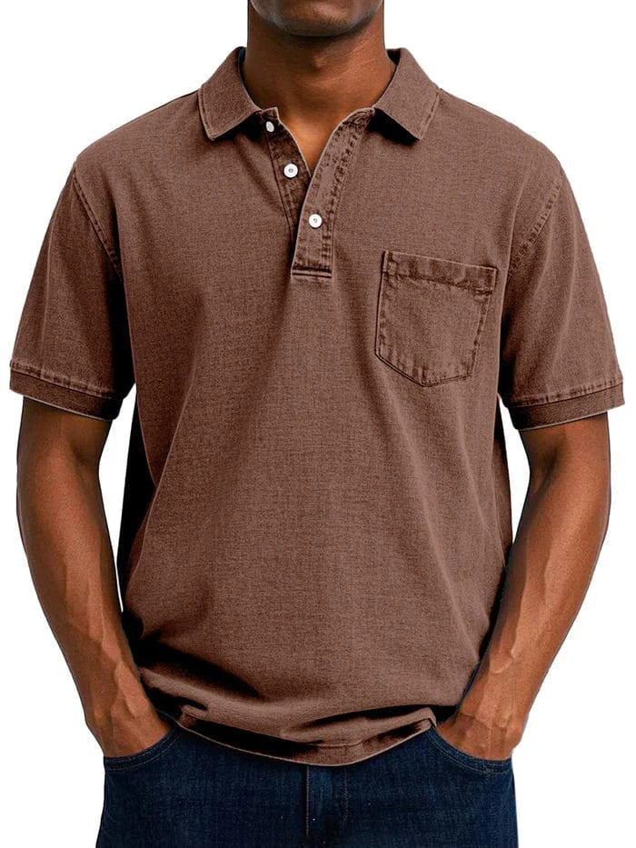 Vintage Kortærmet Polo Shirt Mænd - Bryst Lomme - Vasket - Bomuld Polos Danmarkmode.dk