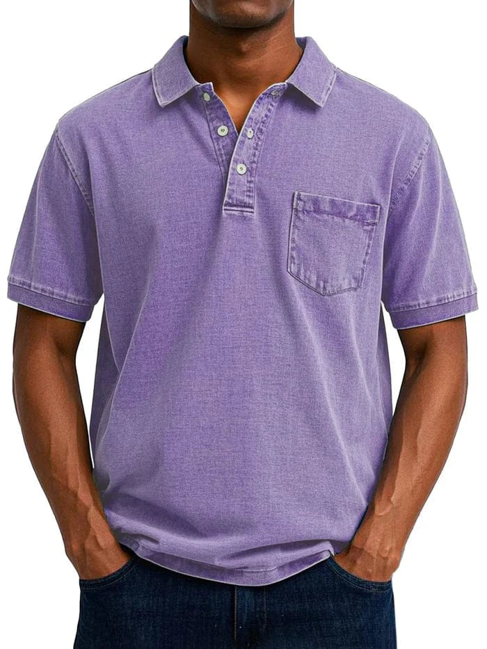 Vintage Kortærmet Polo Shirt Mænd - Bryst Lomme - Vasket - Bomuld Polos Danmarkmode.dk