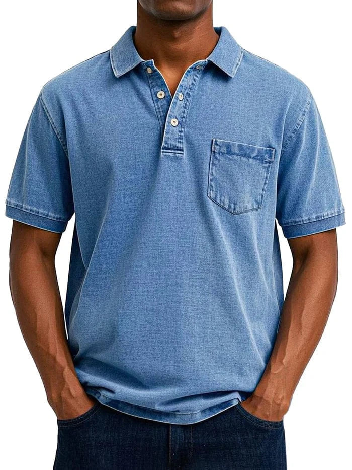 Vintage Kortærmet Polo Shirt Mænd - Bryst Lomme - Vasket - Bomuld Polos Danmarkmode.dk