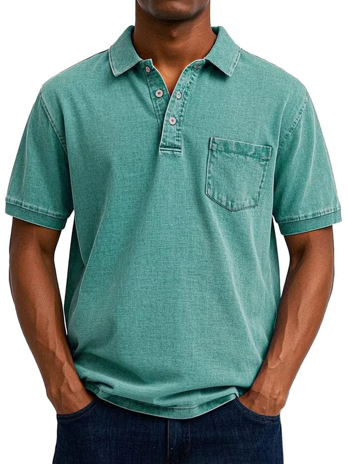 Vintage Kortærmet Polo Shirt Mænd - Bryst Lomme - Vasket - Bomuld Polos Danmarkmode.dk