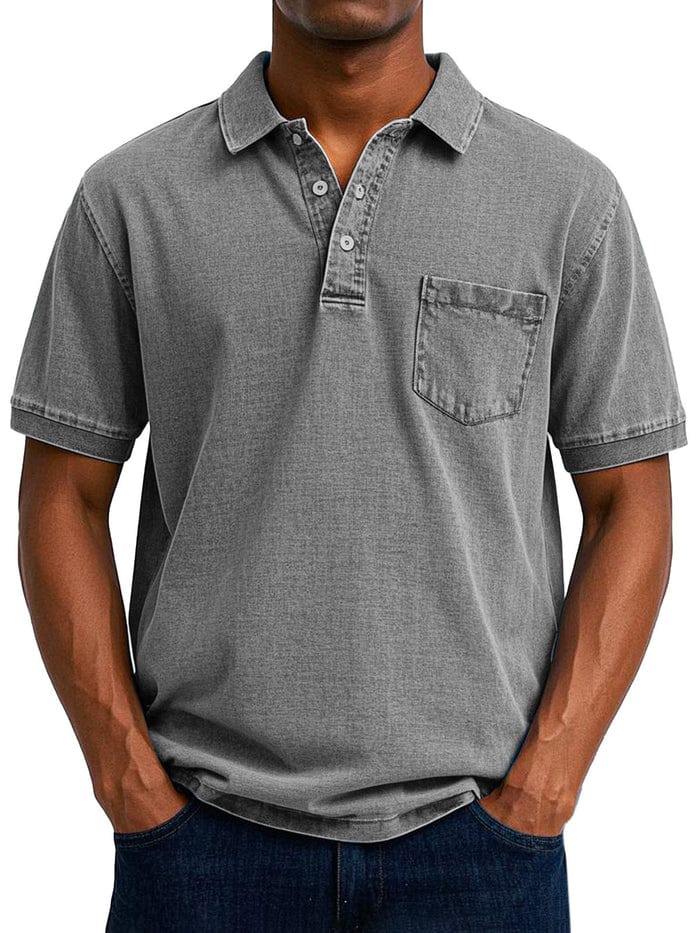 Vintage Kortærmet Polo Shirt Mænd - Bryst Lomme - Vasket - Bomuld Polos Danmarkmode.dk