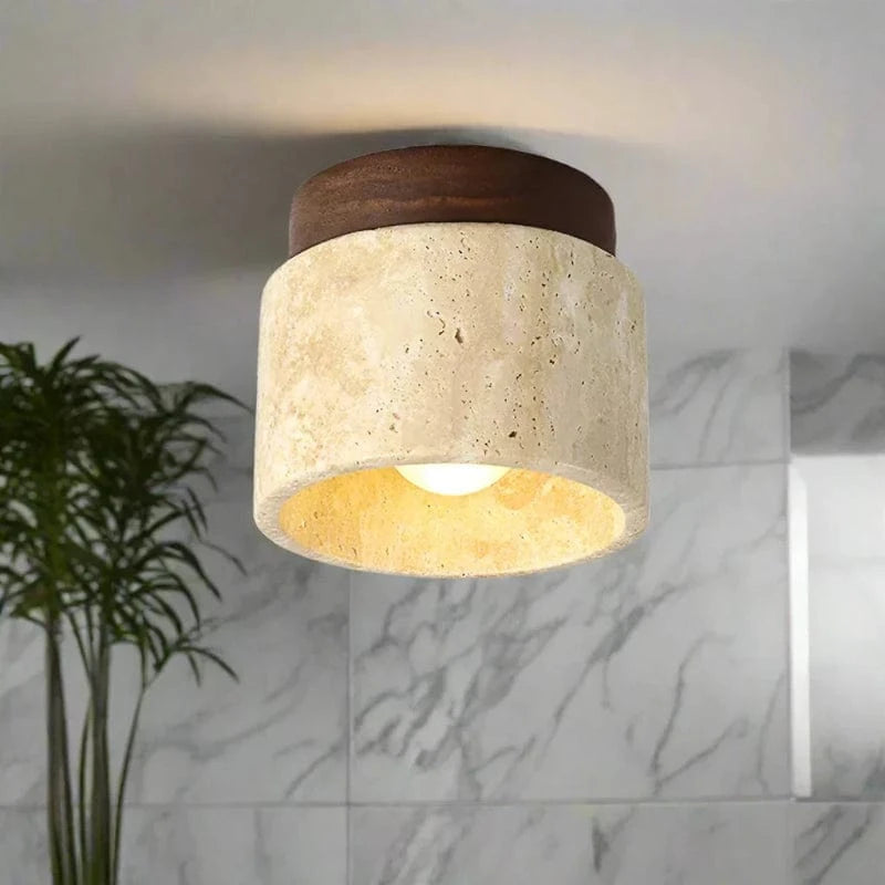 Wabi Sabi Travertine Loftlampe - Træ - Rund - Japandi Ceiling Light Fixtures Danmarkmode.dk
