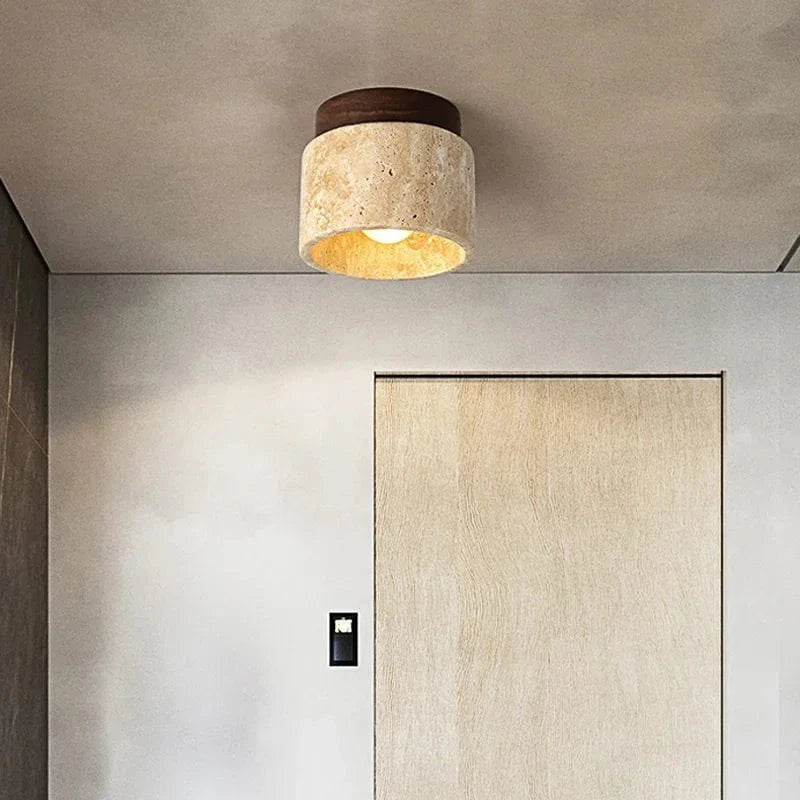 Wabi Sabi Travertine Loftlampe - Træ - Rund - Japandi Ceiling Light Fixtures Danmarkmode.dk
