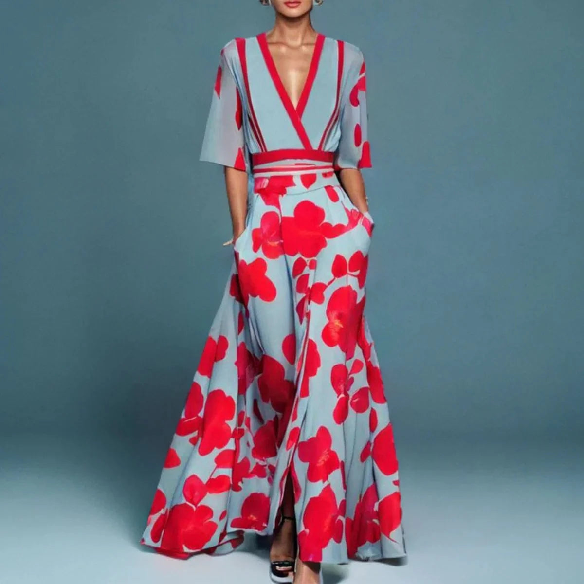 Wrap Stil Blomstret Kjole - Maxi - Korte ærmer - V-hals Dresses Danmarkmode.dk