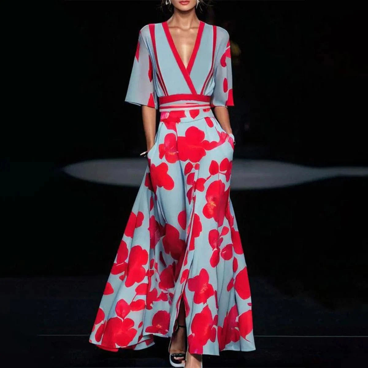 Wrap Stil Blomstret Kjole - Maxi - Korte ærmer - V-hals Dresses Danmarkmode.dk