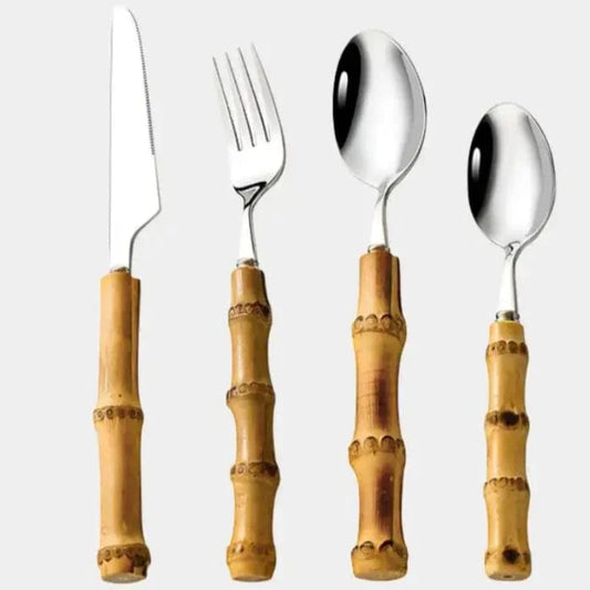 24 stk. Bambushåndtag Bestiksæt - Rustfrit Stål - Miljøvenlig - Håndlavet Flatware Sets Danmarkmode.dk