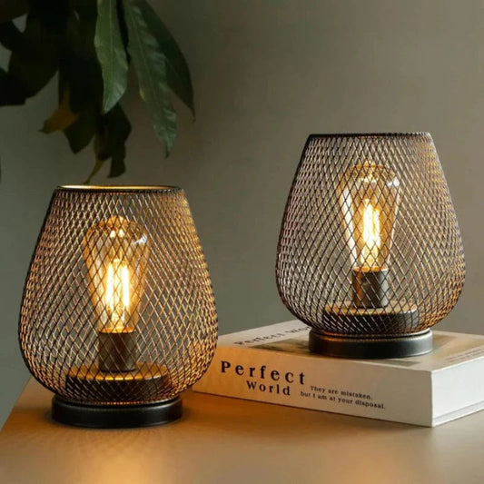 2 stk. Batteridrevet Metalbur LED Lanterne - Bordlampe - Dæmpbar - Indendørs og Udendørs