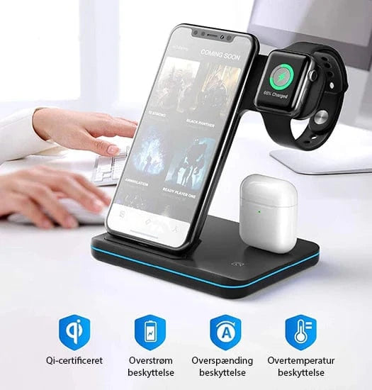 3 i 1 Trådløs Ladestation - Hurtig Opladning - Skridsikker - 15W - Sort Wireless Chargers Danmarkmode.dk