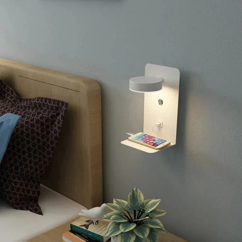 Dæmpbar LED Væglampe med USB Opladning - Natlampe - Aluminium - Telefonholder