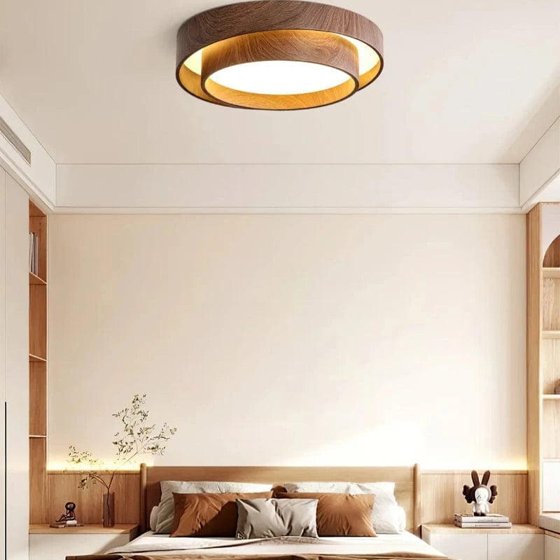 Dobbelt Cirkel Træ Loftlampe - Valnød - Wabi Sabi - Moderne