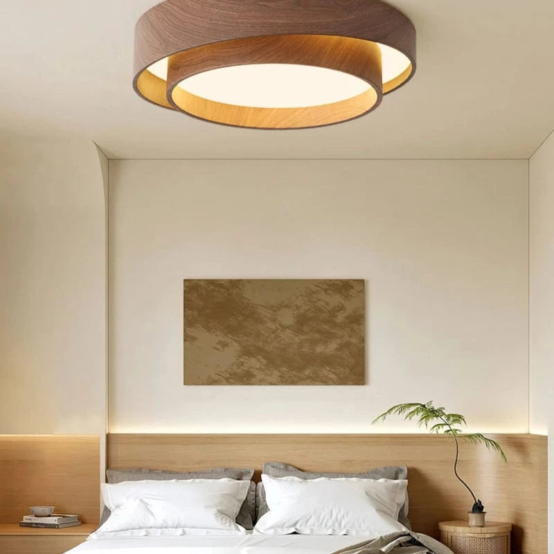 Dobbelt Cirkel Træ Loftlampe - Valnød - Wabi Sabi - Moderne