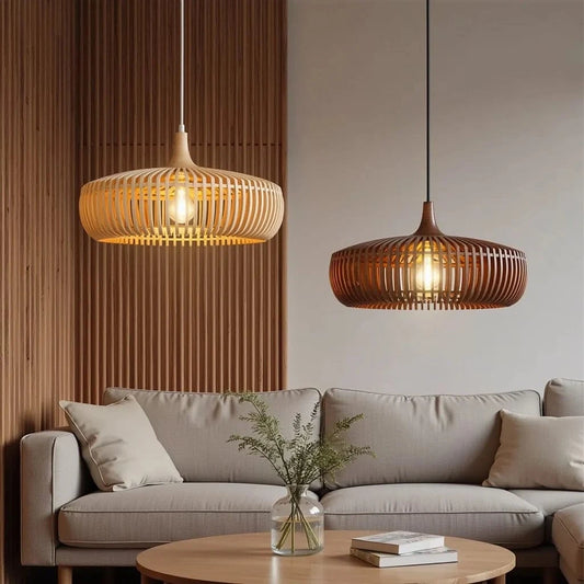 Eg-Walnut-Japansk Loftlampe I Træ - Rund Wabi Sabi Lampe - Minimalistisk Stil