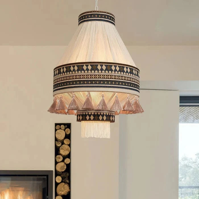 Etnisk Boheme Pendel Lampe - Frynser - Tribal - Stof