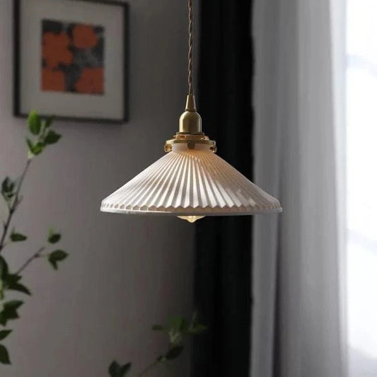  Japandi Style Plisseret Hatform Pendel Lampe - Ceramic - Guld