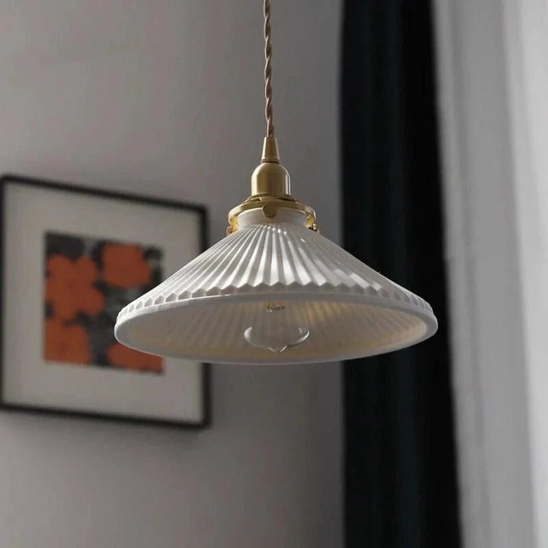  Japandi Style Plisseret Hatform Pendel Lampe - Ceramic - Guld