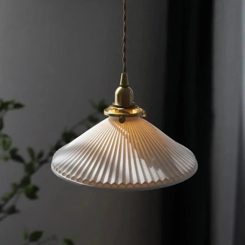  Japandi Style Plisseret Hatform Pendel Lampe - Ceramic - Guld