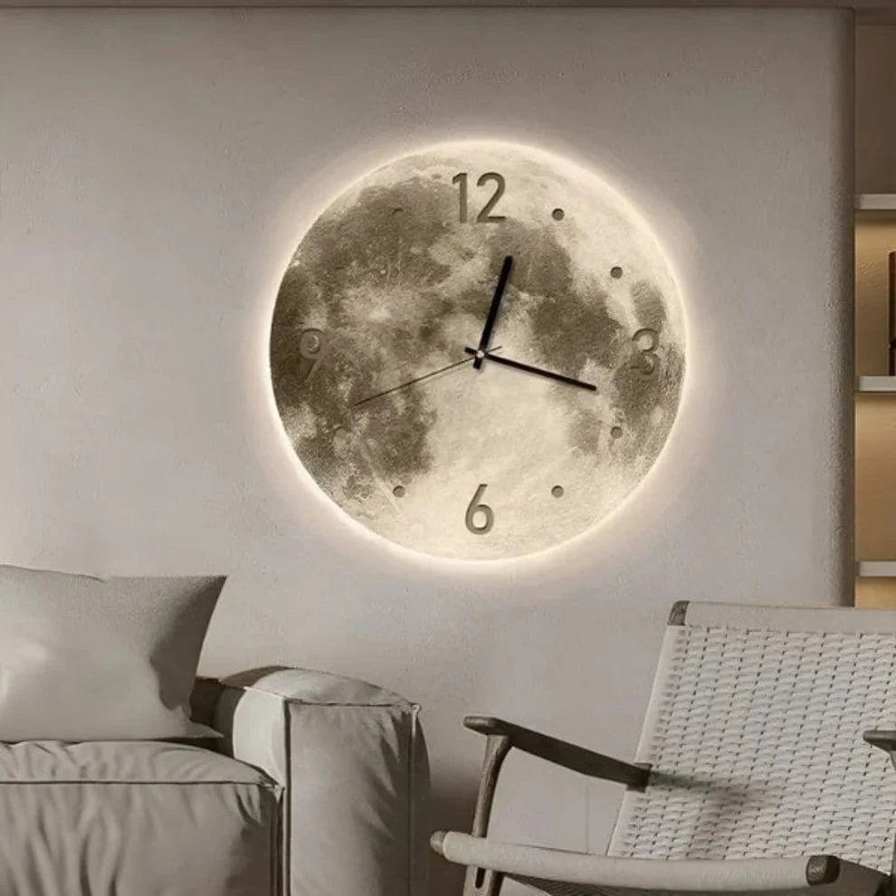 Moon Lydløst Vægur - Vægur med Tal - LED Lys - Væglampe - Boligindretning