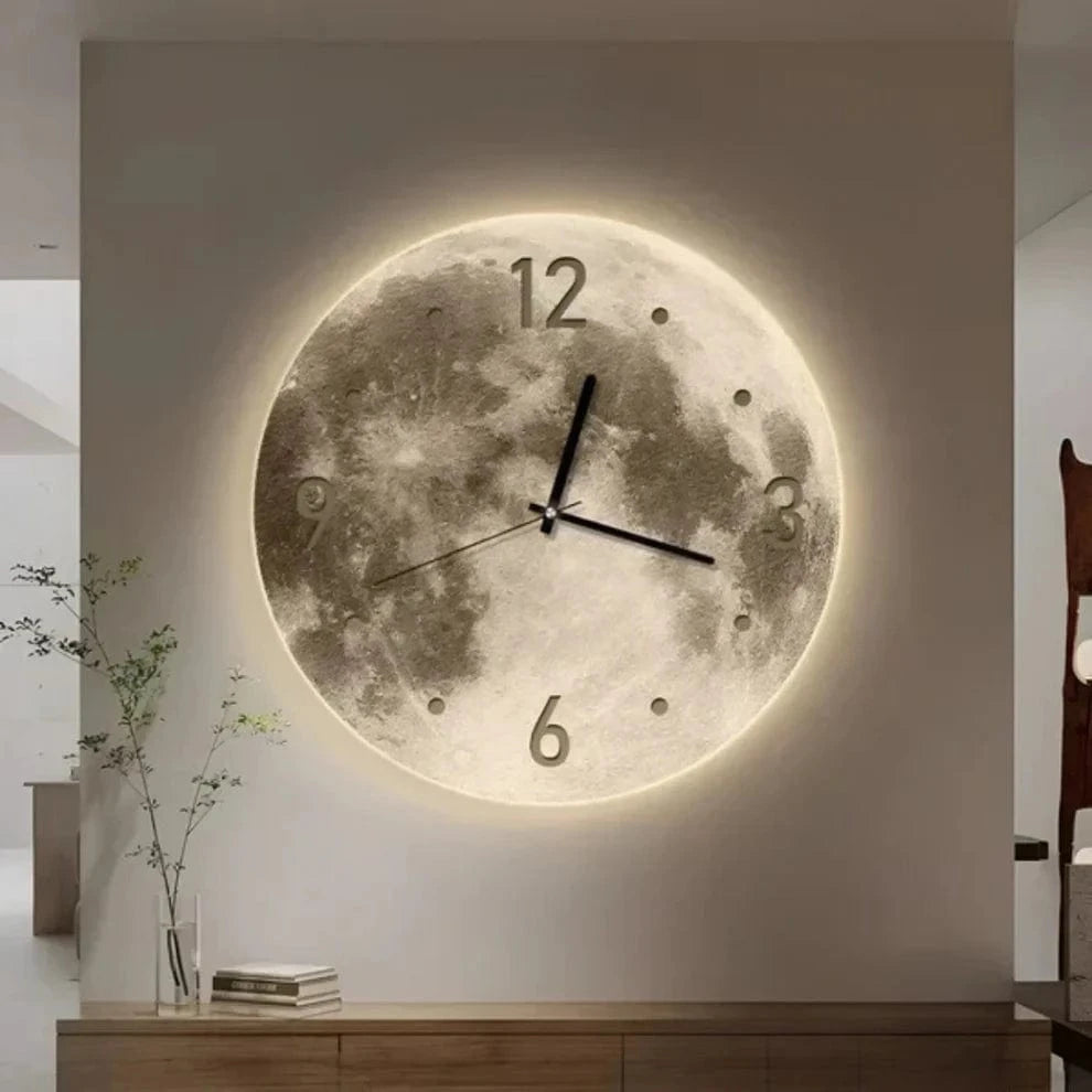 Moon Lydløst Vægur - Vægur med Tal - LED Lys - Væglampe - Boligindretning