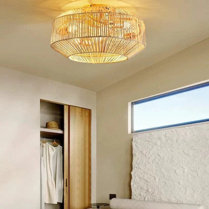 Rattan Loftventilator med Lys - Boho - Vævet Bambus - ABS Ventilatorblad