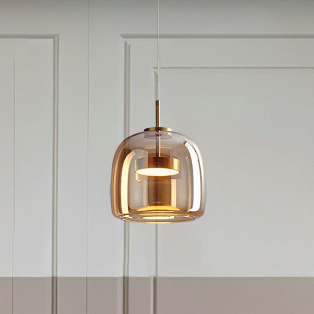 Retro LED hænglampe – Guldmetal & ravfarvet glas – Ø25–35 cm – Vintage design
