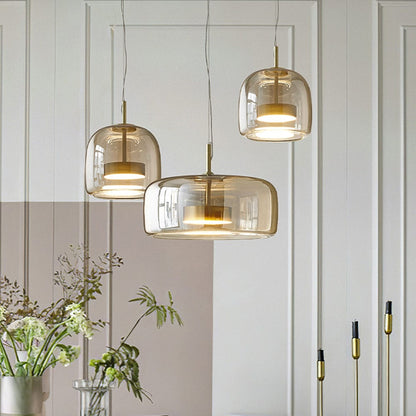 Retro LED hænglampe – Guldmetal & ravfarvet glas – Ø25–35 cm – Vintage design