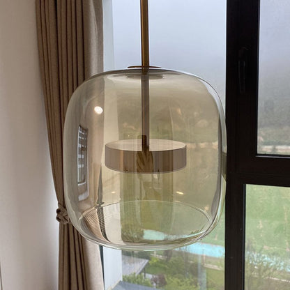 Retro LED hænglampe – Guldmetal & ravfarvet glas – Ø25–35 cm – Vintage design