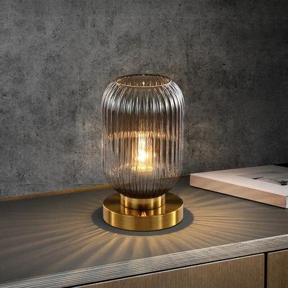 Røg Glas Bordlampe - Art Deco - Ribbet - Tønde