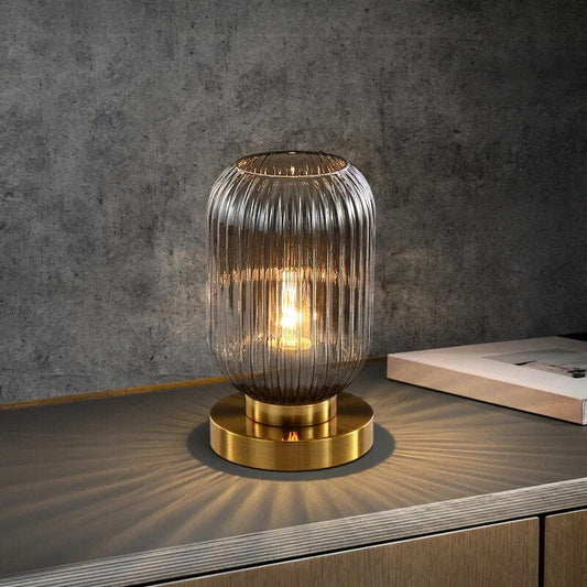 Røg Glas Bordlampe - Art Deco - Ribbet - Tønde