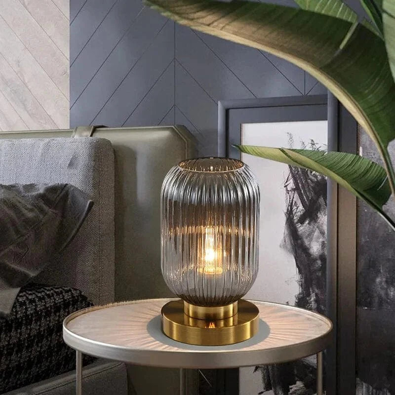 Røg Glas Bordlampe - Art Deco - Ribbet - Tønde