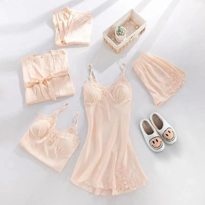Satin Blomstret Blonde Nattøj Sæt - Loungewear - Natkjole - Pyjamas Sæt - 5 dele