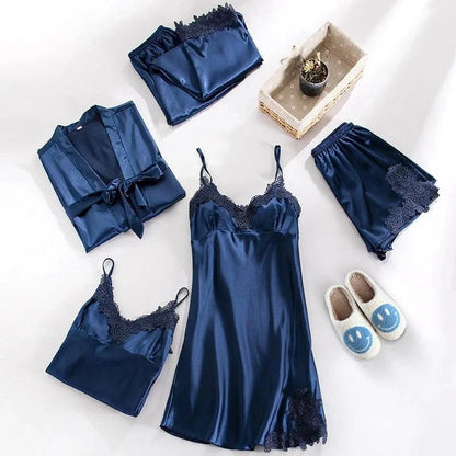 Satin Blomstret Blonde Nattøj Sæt - Loungewear - Natkjole - Pyjamas Sæt - 5 dele