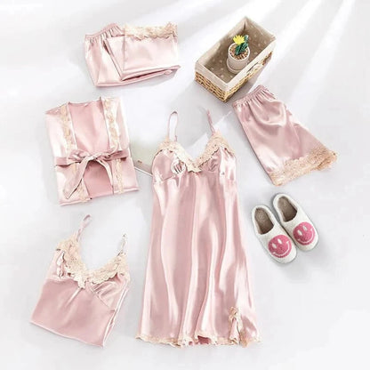 Satin Blomstret Blonde Nattøj Sæt - Loungewear - Natkjole - Pyjamas Sæt - 5 dele