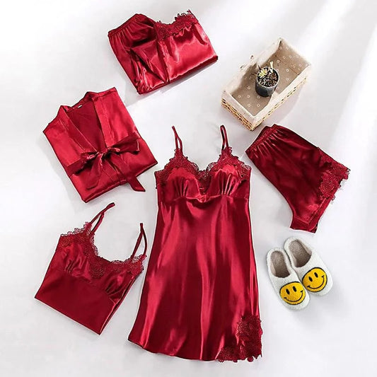 Satin Blomstret Blonde Nattøj Sæt - Loungewear - Natkjole - Pyjamas Sæt - 5 dele