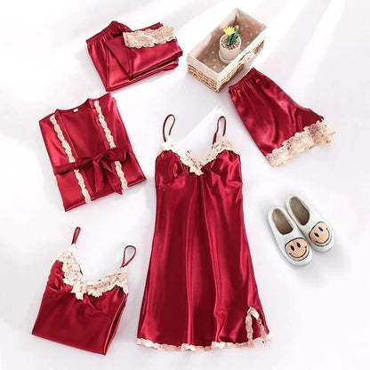 Satin Blomstret Blonde Nattøj Sæt - Loungewear - Natkjole - Pyjamas Sæt - 5 dele