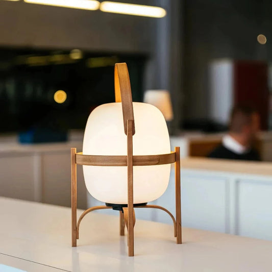 Træramme Ovalt Glas Bordlampe - Bærbar - Gulvlampe - Lanterne