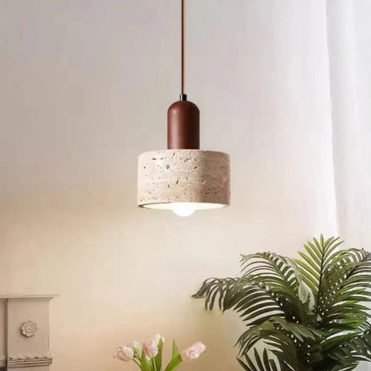 Wabi Sabi Travertine Sten Pendellampe - Rund - Japandi - Træ