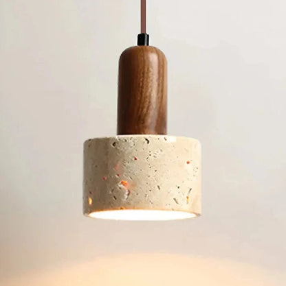 Wabi Sabi Travertine Sten Pendellampe - Rund - Japandi - Træ
