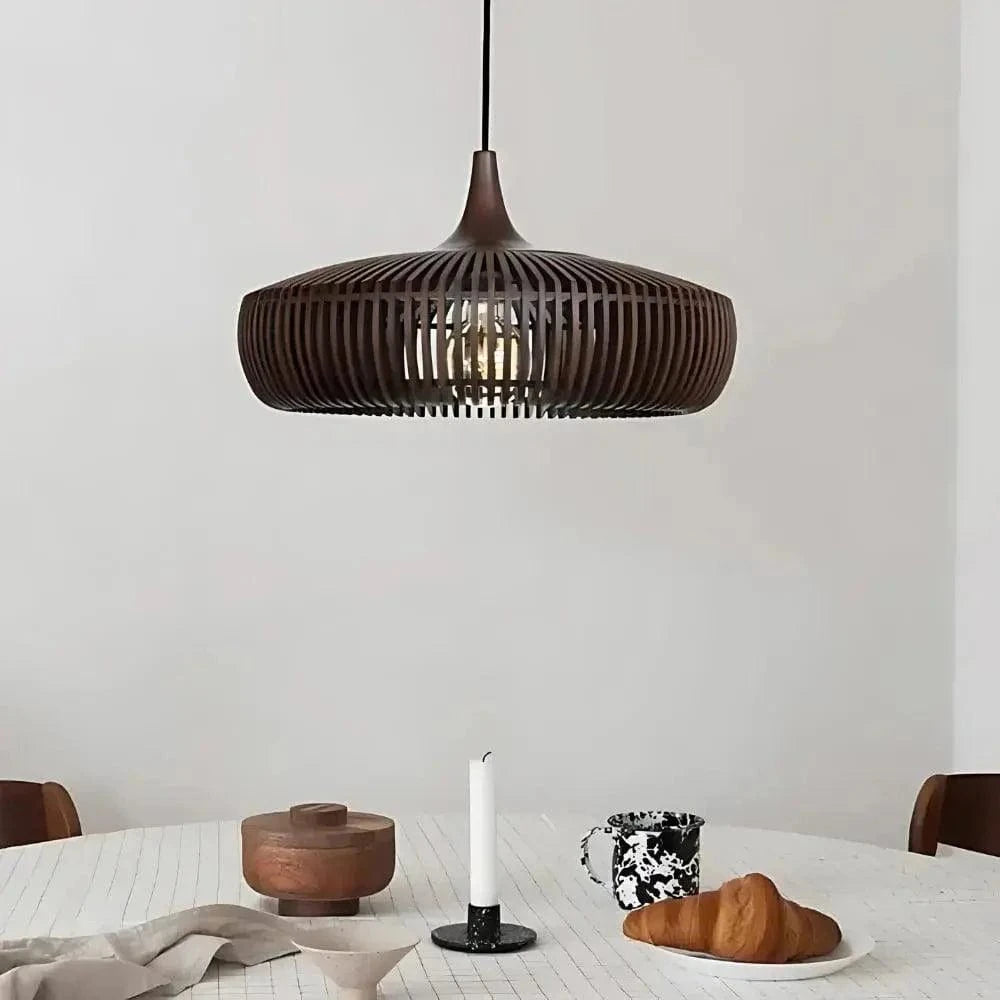 Walnut-Japansk Loftlampe I Træ - Rund Wabi Sabi Lampe - Minimalistisk Stil