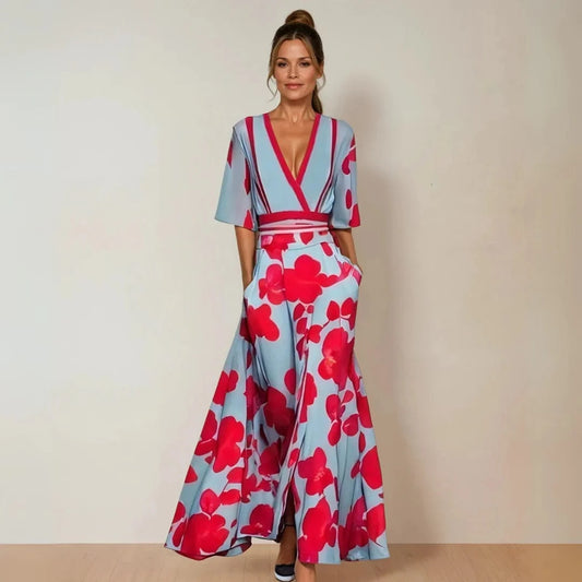 Wrap Stil Blomstret Kjole - Maxi - Korte ærmer - V-hals