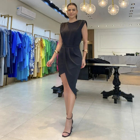 Asymmetrisk Horneden Midi Kjole - Ærmeløs - Plisseret - Aftenkjole Dresses Danmarkmode.dk