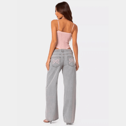 Broderet Lyserød Sløjfe Baggy Jeans Dame - Denim - Streetwear - Lige Jeans Danmarkmode.dk