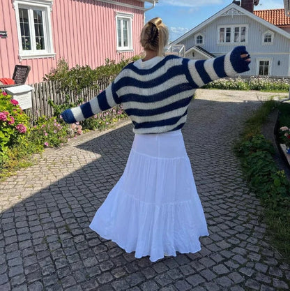 Chic Stribe Strikket Sweater Dame - Off Shoulder - Løs - Langærmet Sweaters Danmarkmode.dk