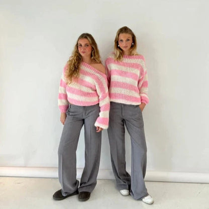 Chic Stribe Strikket Sweater Dame - Off Shoulder - Løs - Langærmet Sweaters Danmarkmode.dk