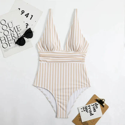 Et Stykke Stripped Badedragt - Badetøj - Rygfri - V-hals One-Piece Swimsuits Danmarkmode.dk